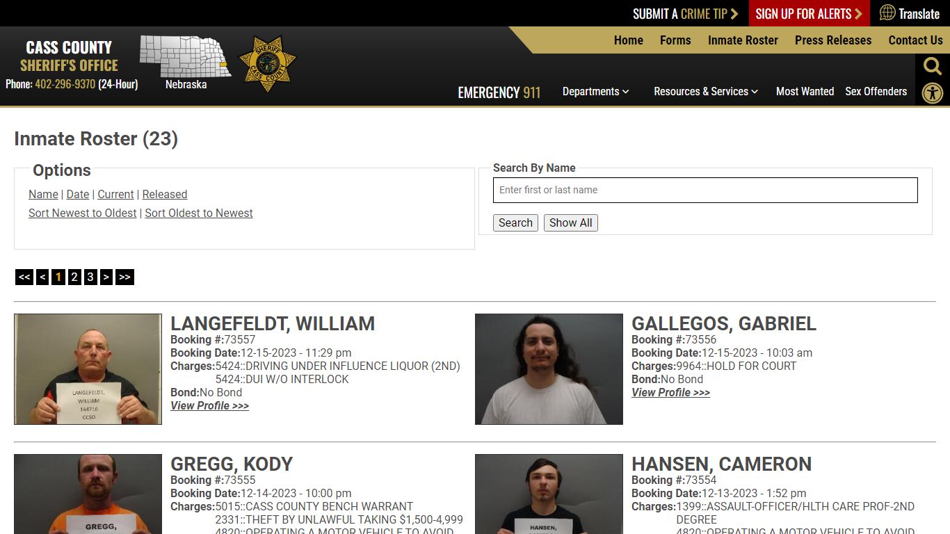 Current Inmates Booking Date Descending - Cass County NE Sheriff's Office