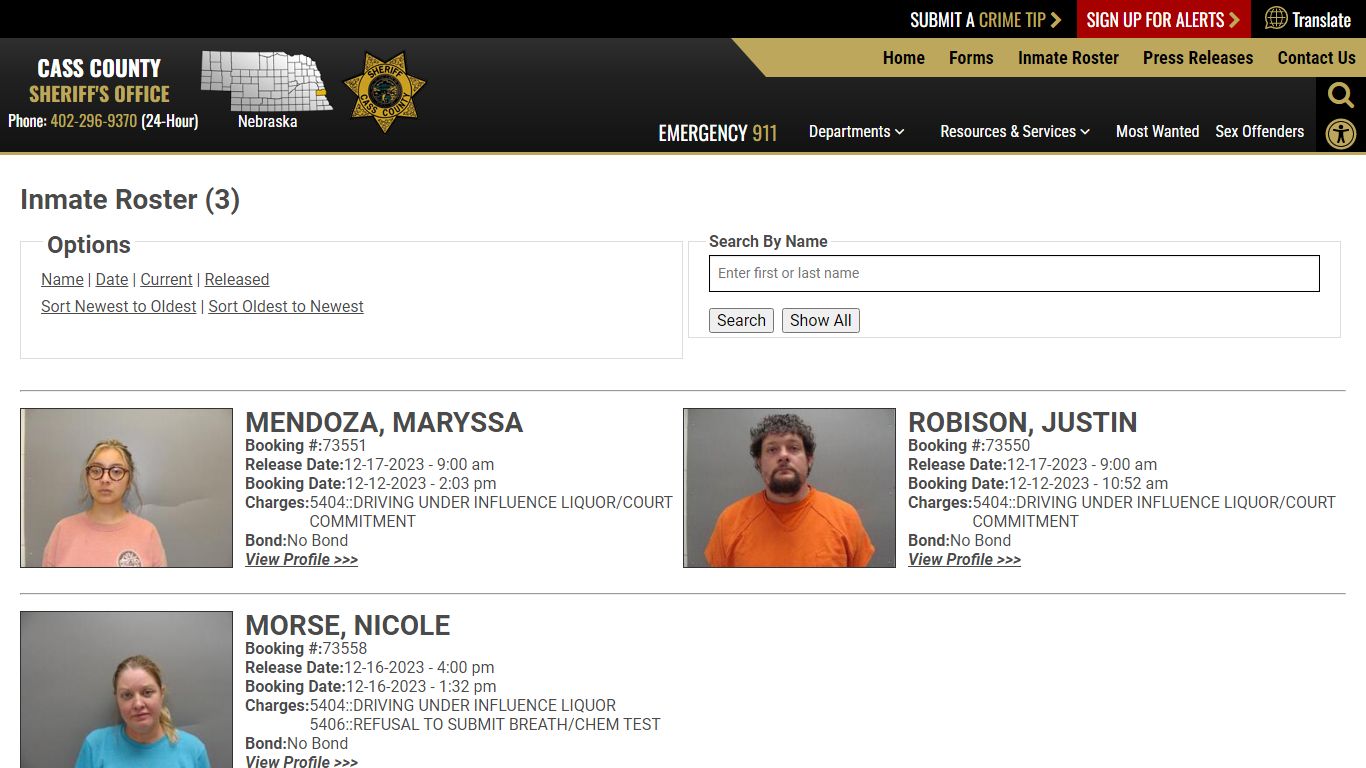 Released Inmates Booking Date Descending - Cass County NE Sheriff's Office